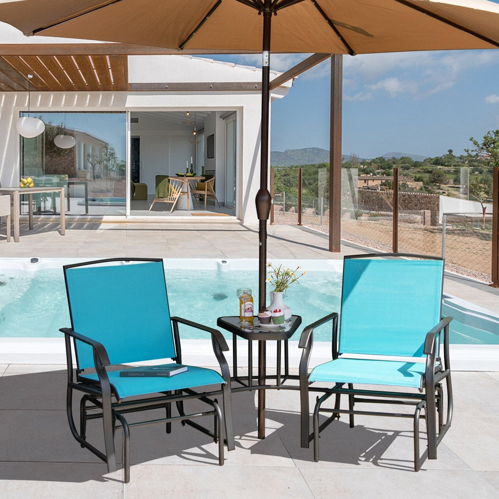 Double Glider Chair Set with Centre Glass Table and Umbrella Hole, Turquoise