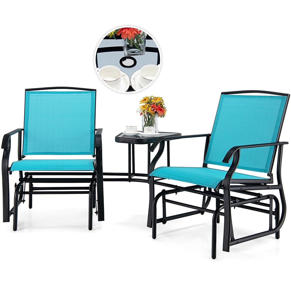 Double Glider Chair Set with Centre Glass Table and Umbrella Hole, Turquoise