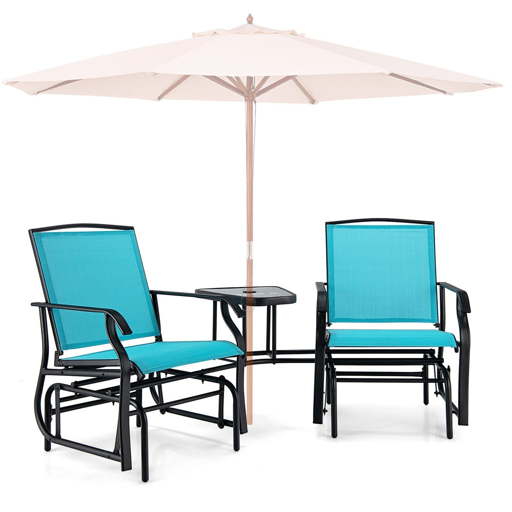 Double Glider Chair Set with Centre Glass Table and Umbrella Hole, Turquoise