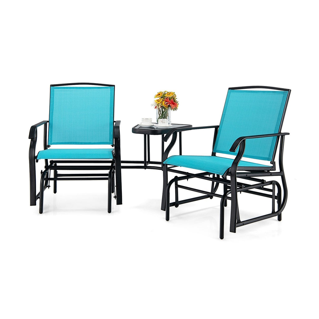 Double Glider Chair Set with Centre Glass Table and Umbrella Hole, Turquoise
