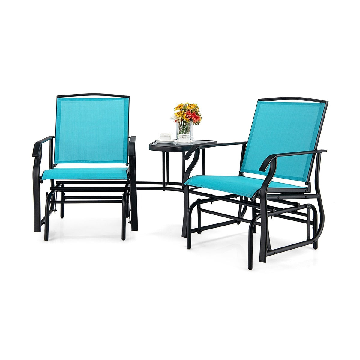 Double Glider Chair Set with Centre Glass Table and Umbrella Hole, Turquoise