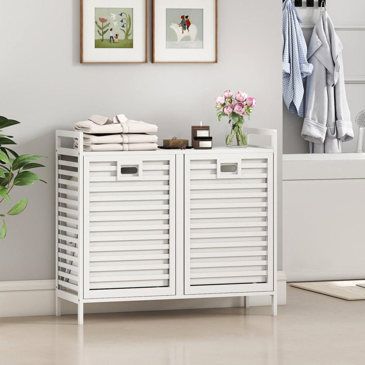 Double Tilt-out Laundry Hamper with 2 Removable Bins-White