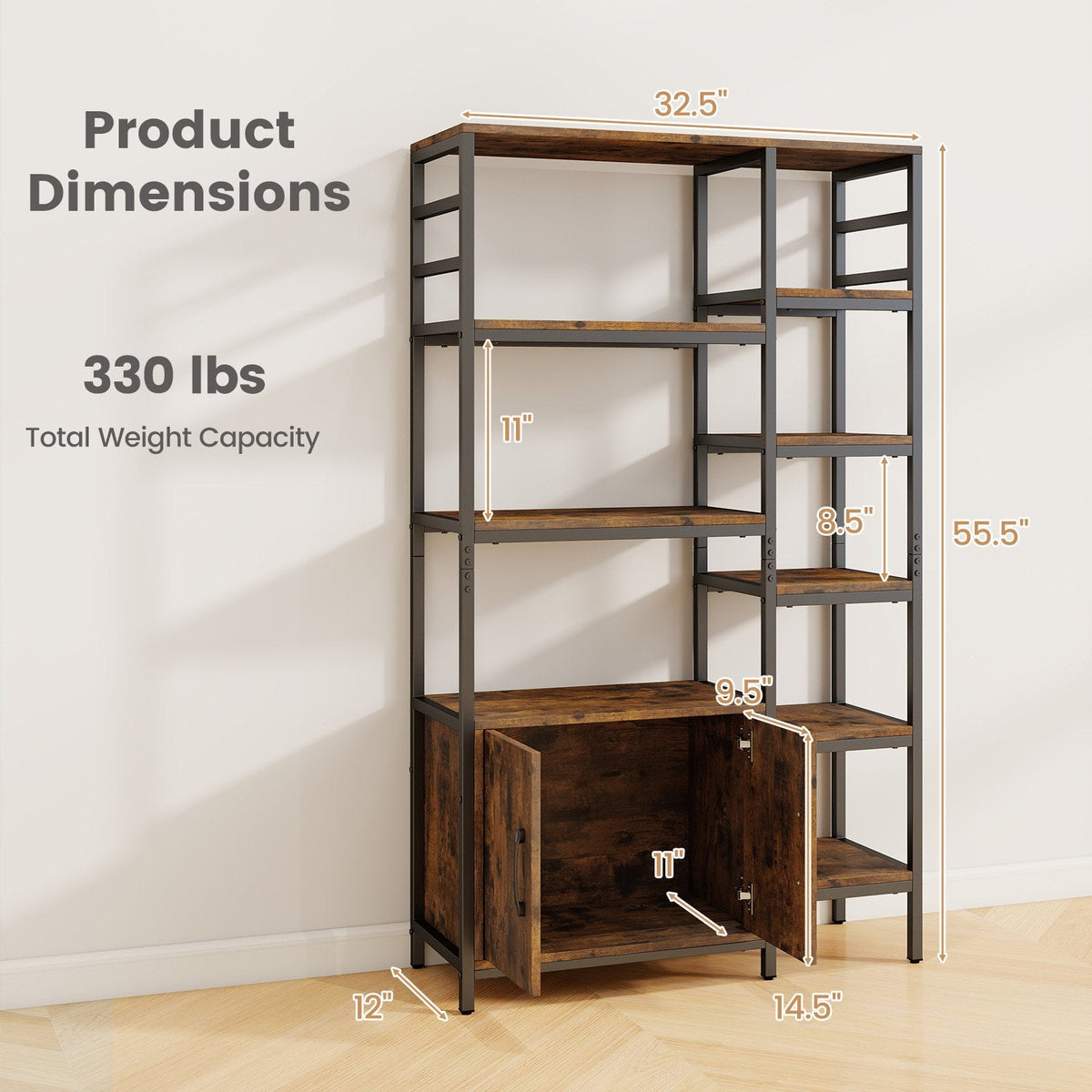Double Wide 8-Tier Bookshelf with 2-Door Cabinet for Living Room Home Office-Rustic Brown