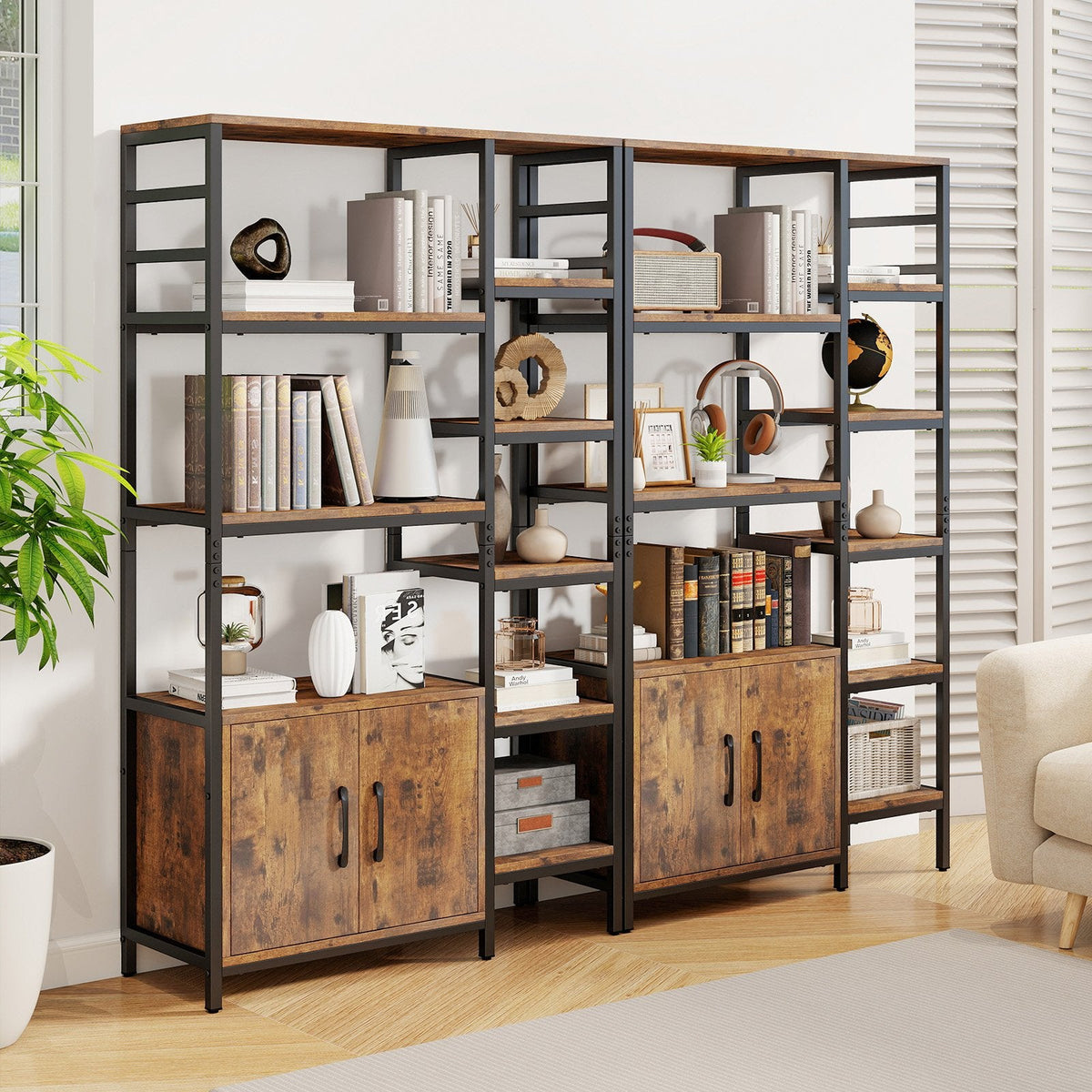 Double Wide 8-Tier Bookshelf with 2-Door Cabinet for Living Room Home Office-Rustic Brown