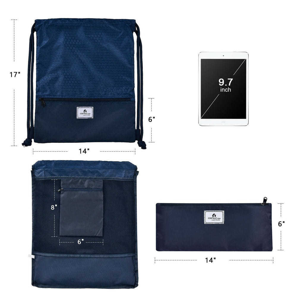 Drawstring Backpack String Bag Foldable Sports Sack with Zipper Pocket-Dark Blue