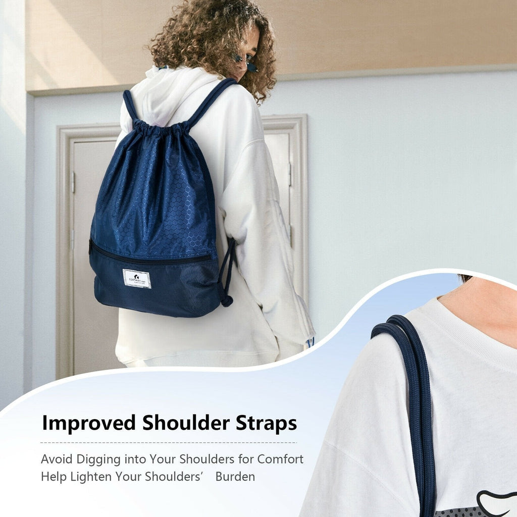 Drawstring Backpack String Bag Foldable Sports Sack with Zipper Pocket-Dark Blue