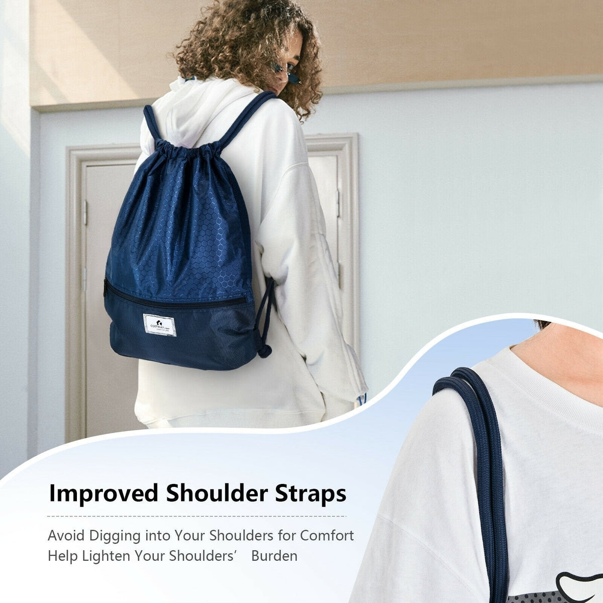 Drawstring Backpack String Bag Foldable Sports Sack with Zipper Pocket-Dark Blue