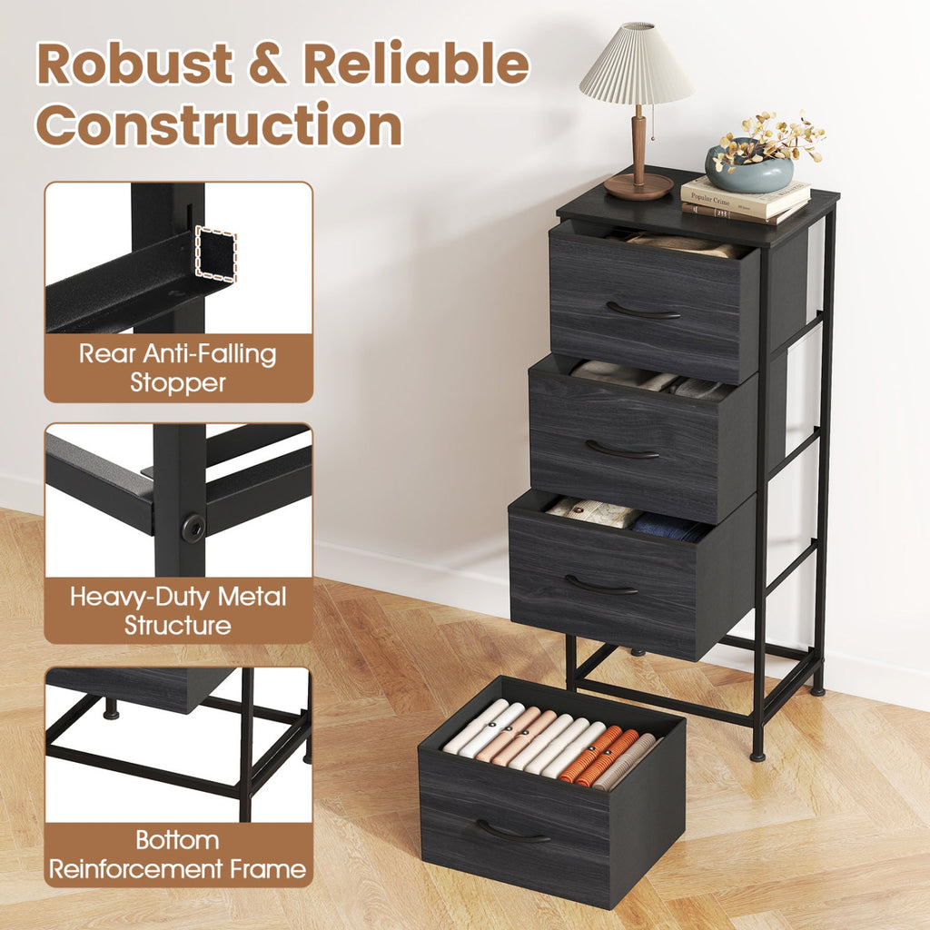 Dresser Nightstand with 4 Roomy Fabric Drawers and Metal Frame-Charcoal Black