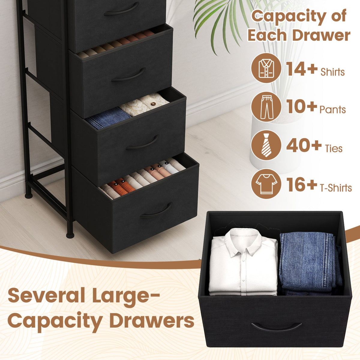 Dresser Nightstand with 5 Roomy Fabric Drawers for Bedroom-Black