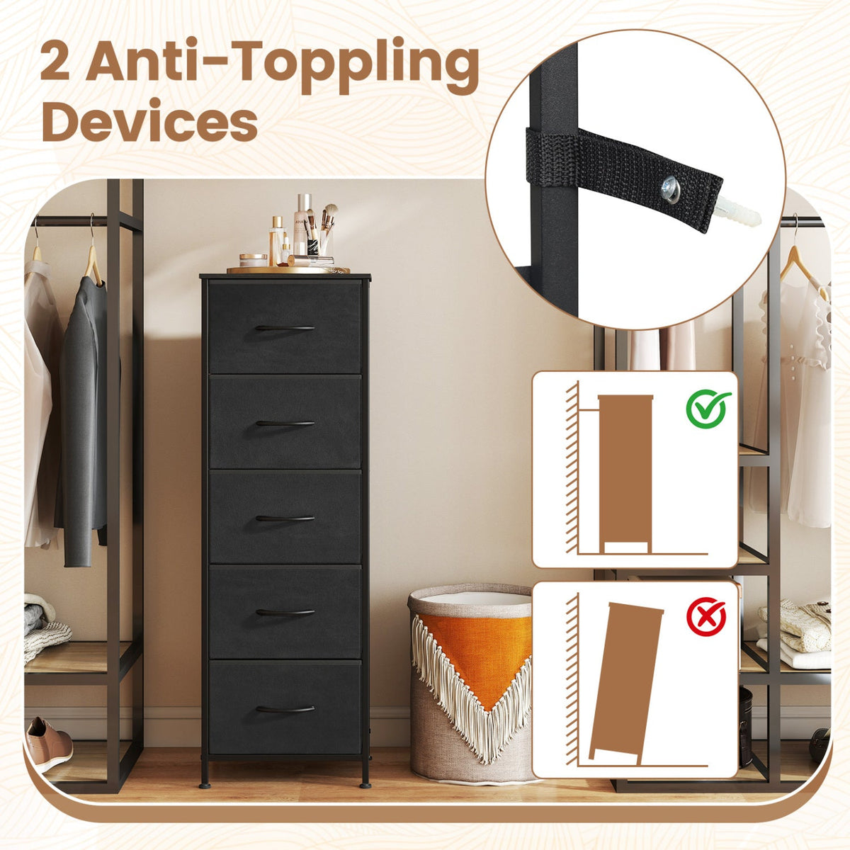 Dresser Nightstand with 5 Roomy Fabric Drawers for Bedroom-Black