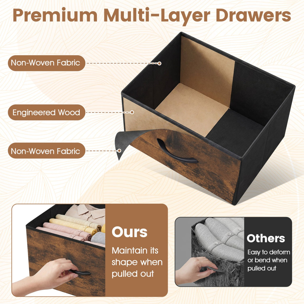 Dresser Nightstand with 5 Roomy Fabric Drawers for Bedroom-Rustic Brown