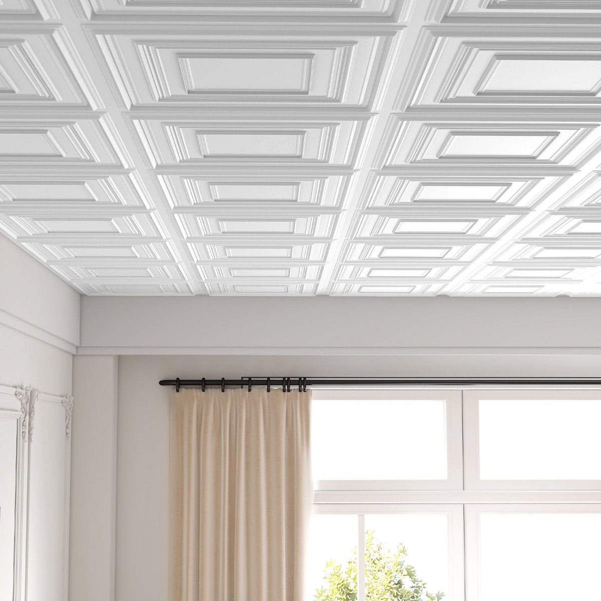 Drop Ceiling Tiles 24 inches x 24 inches PVC Ceiling Panels with 3D Decorative Patterns 12-Pack-White