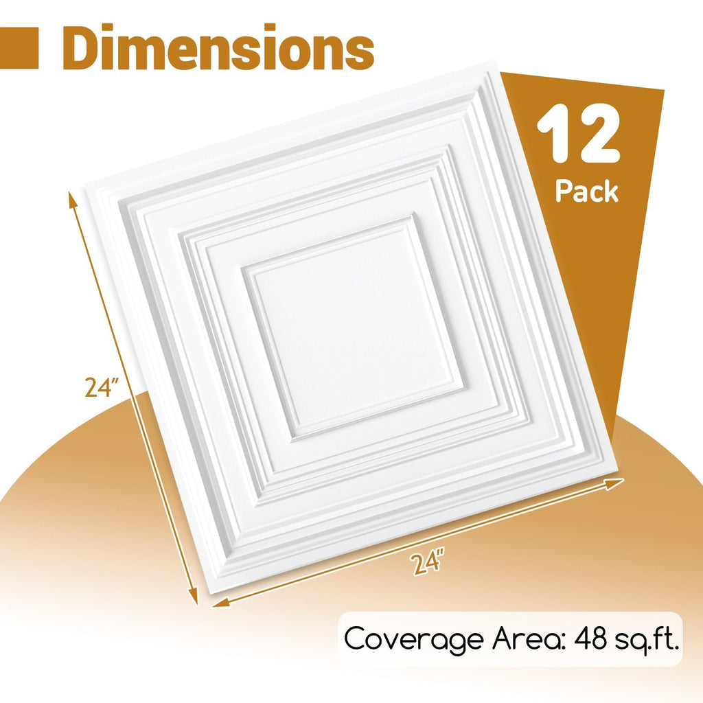 Drop Ceiling Tiles 24 inches x 24 inches PVC Ceiling Panels with 3D Decorative Patterns 12-Pack-White