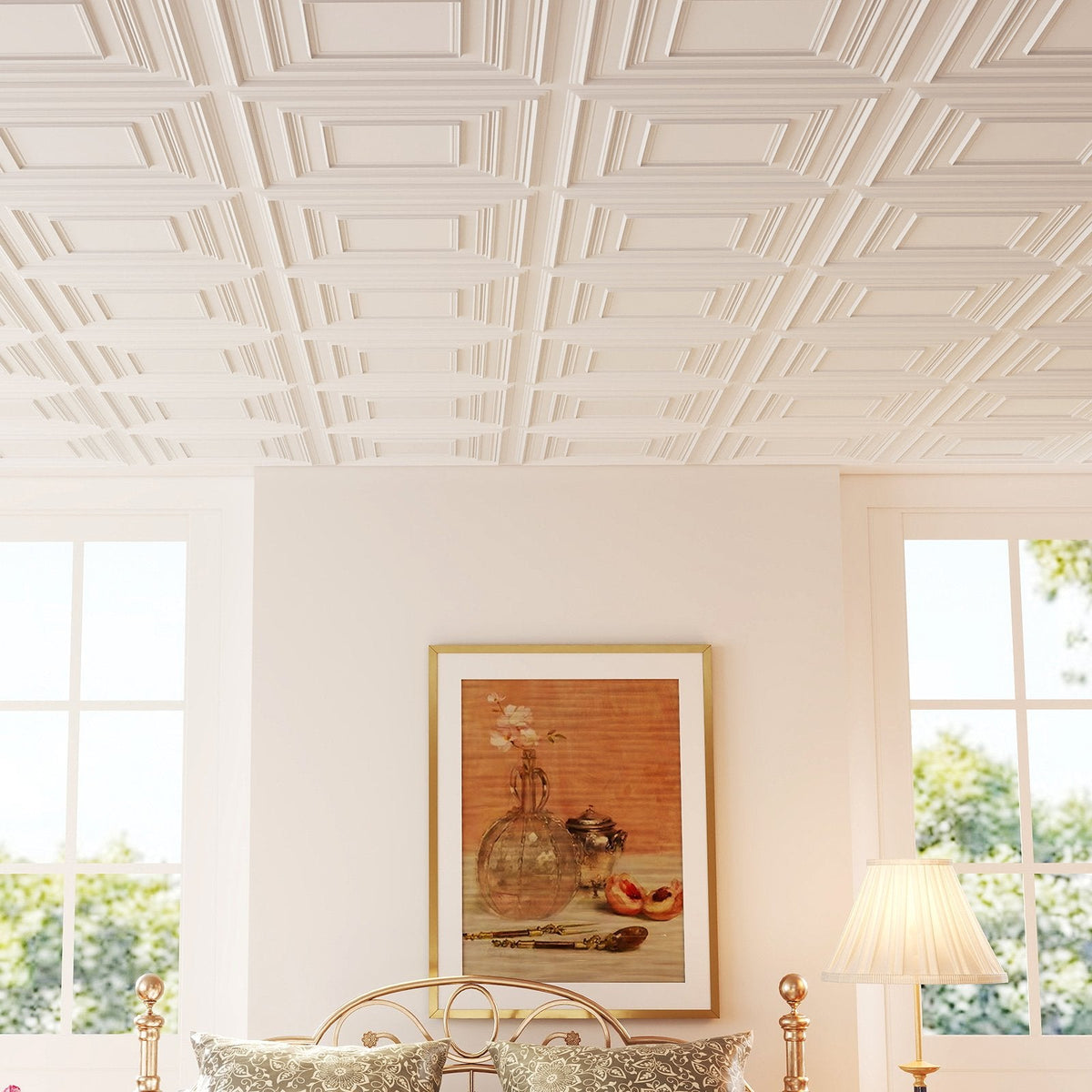 Drop Ceiling Tiles 24 inches x 24 inches PVC Ceiling Panels with 3D Decorative Patterns 12-Pack-White