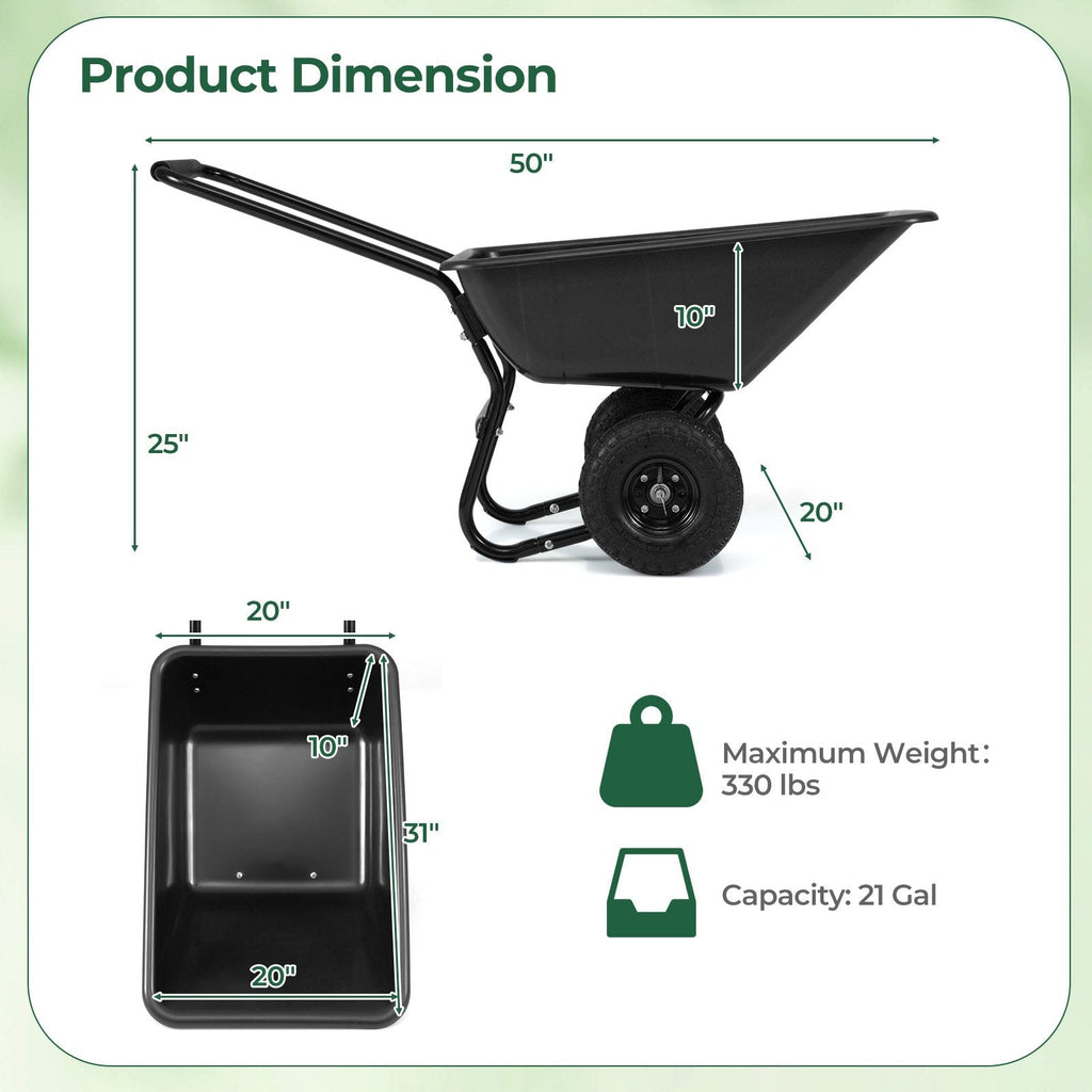 Dual-Wheel Wheelbarrow Garden Utility Cart with Pneumatic Tires-Black