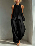 Sheer Round-neck Sleeveless Tank Top And Drawstring Wide-leg Pants Set