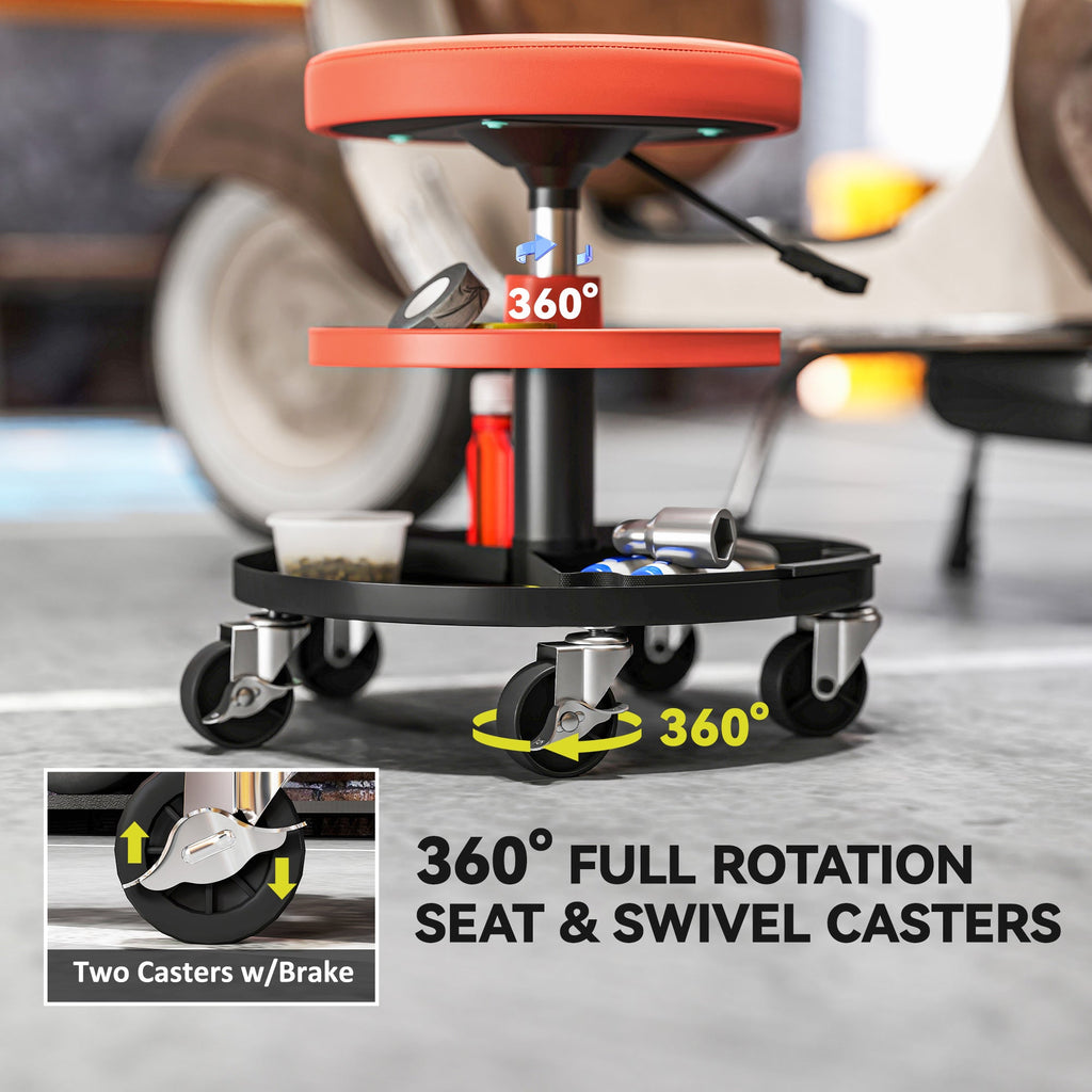 Rolling Garage Stool, 300 LBS Capacity Mechanic Stool with 2.5" Wheels, Tool Trays Storage, Adjustable Height, Red