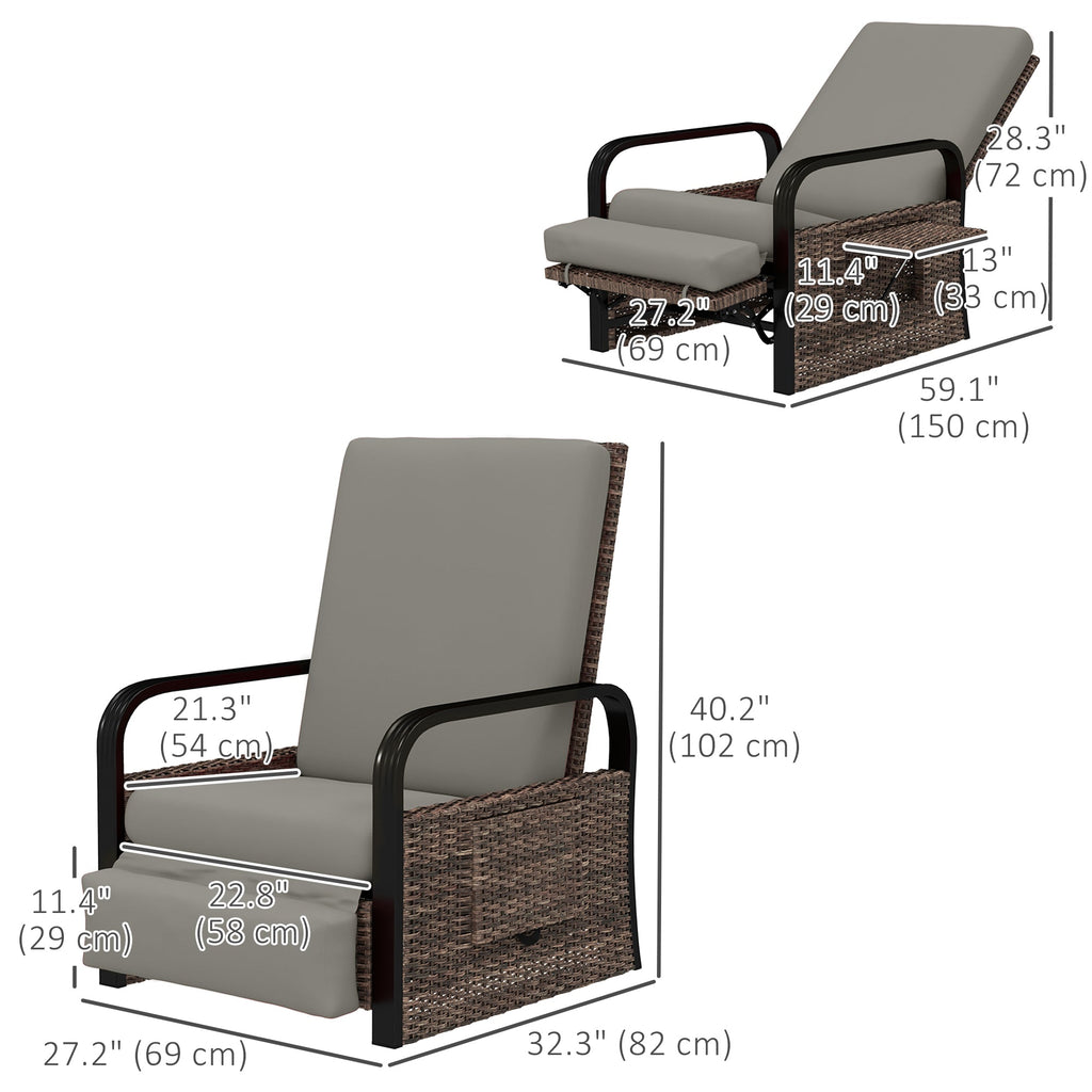 Wicker Outdoor Recliner Chair, Reclining Lounge Chair with Adjustable Backrest, Footrest and Side Tray, Light Grey