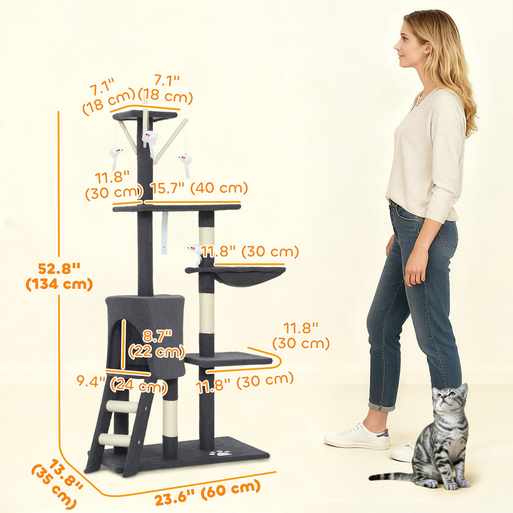 53" Cat Tree Tower, Kitten Activity Centre with Scratching Posts, Condo, Perches, Ladder, Hammock, Dangling Toys, Grey