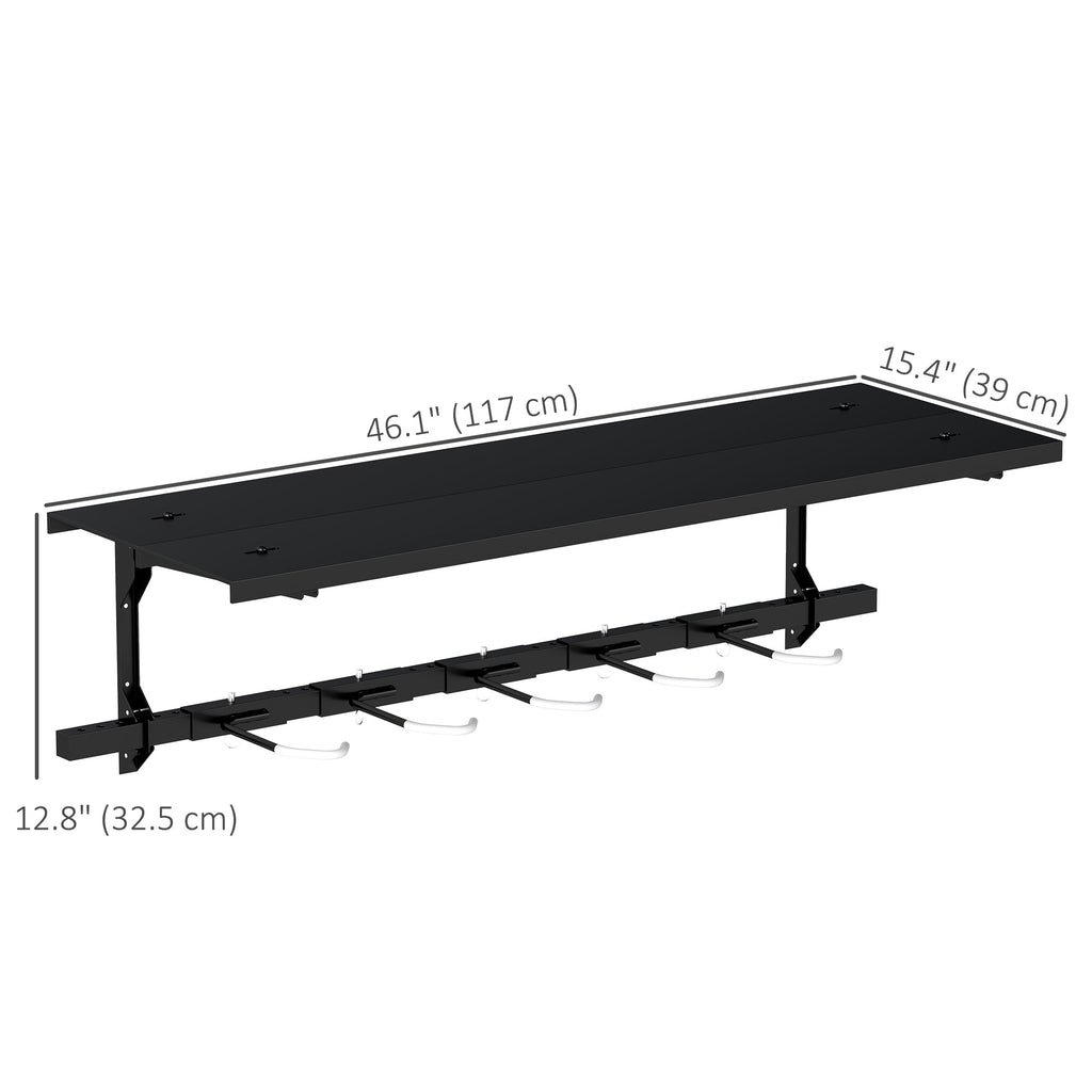 Bike Storage Rack for 5 Bikes, Wall Mounted Bicycle Rack with Shelf and Adjustable Hooks for Indoor Outdoor Use, Black
