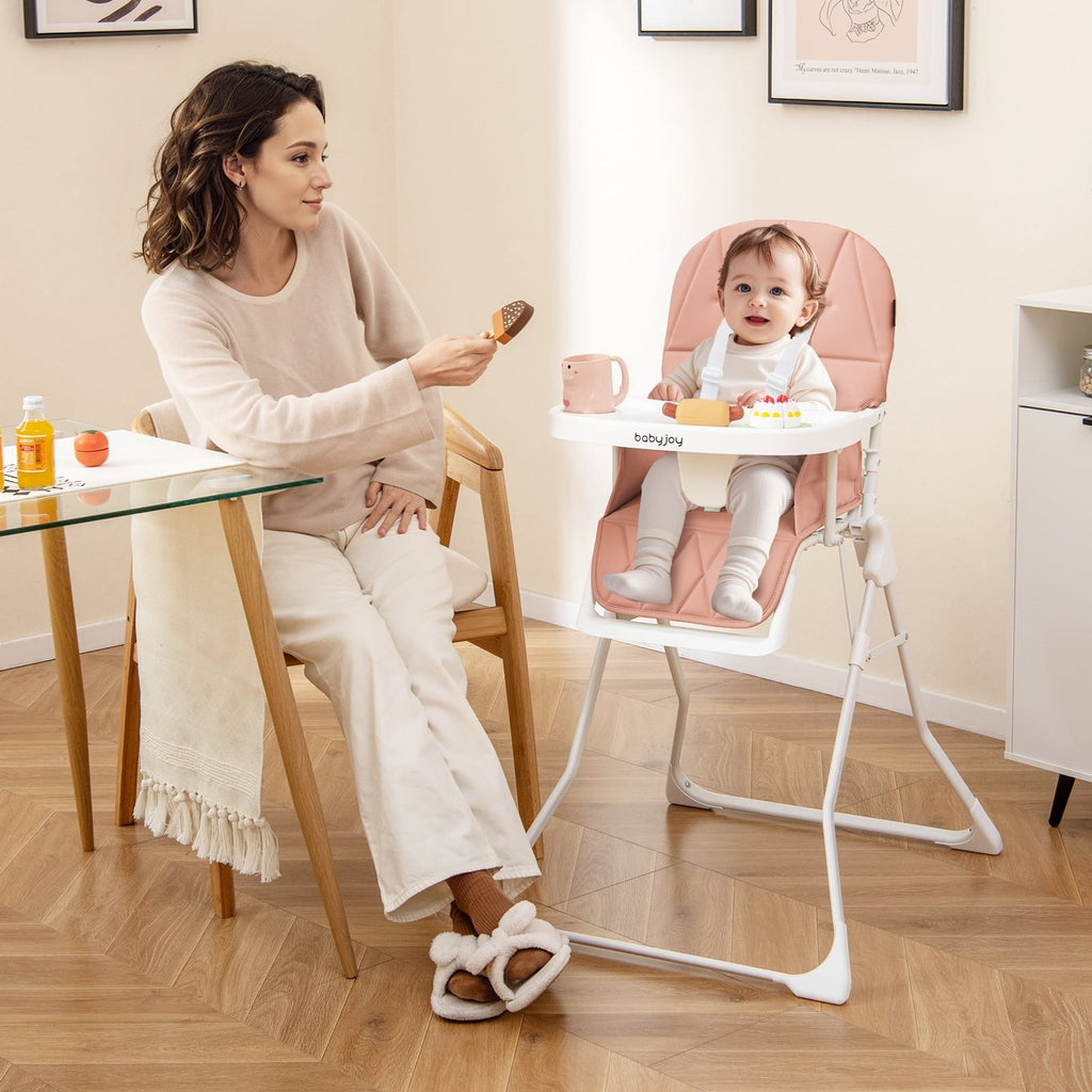 Easy Clean Compact Highchair with Removable Adjustable Tray and PU Seat Cushion-Pink