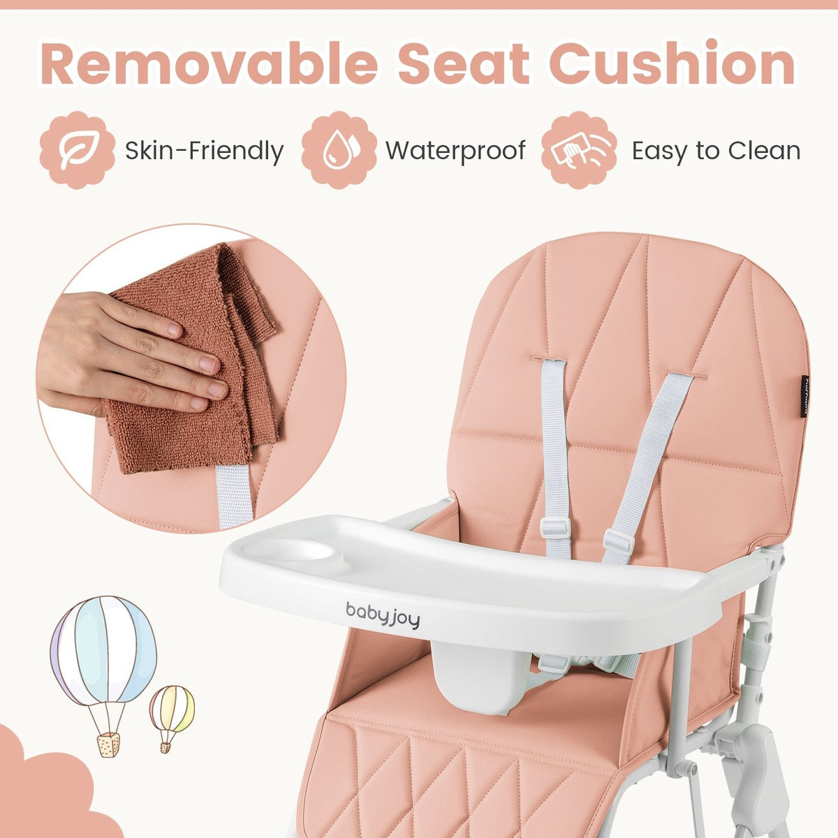 Easy Clean Compact Highchair with Removable Adjustable Tray and PU Seat Cushion-Pink