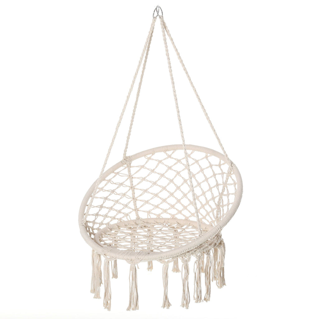 Patio Hammock Chair, Hanging Rope Hammock Swing for Indoor & Outdoor Use with Backrest, Cotton-Polyester Blend, Fringe Tassels, Cream White