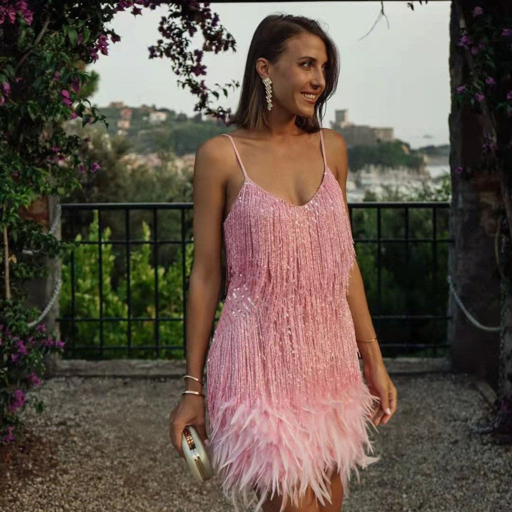 Women’s Sequin Feather Tassel Mini Dress – V-Neck Spaghetti Strap Evening Party Dress
