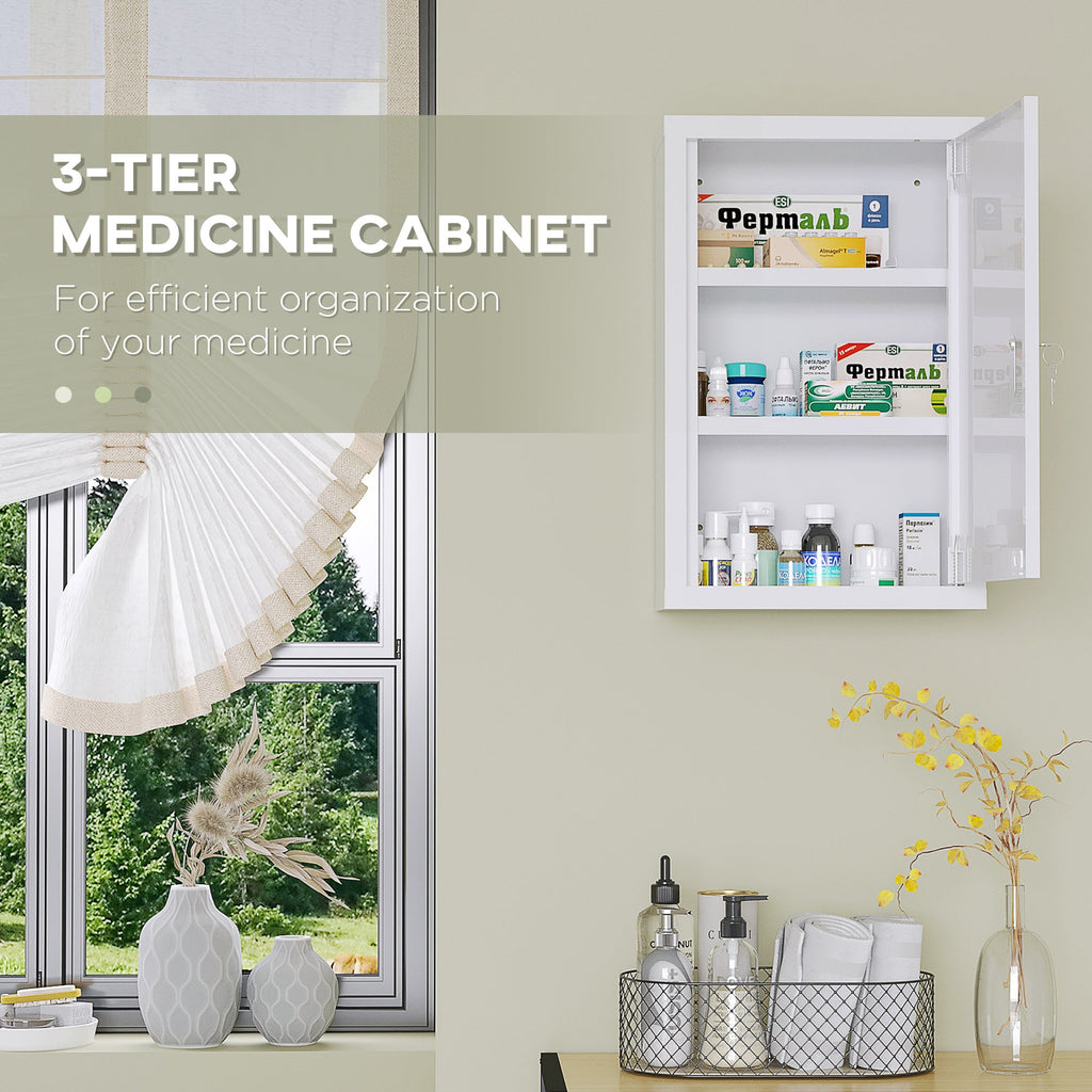 Lockable Medicine Cabinet, 3 Tier Steel Medical Wall Box with 2 Keys and Shelves for Bathroom, White