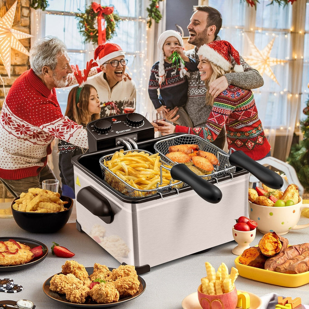 Electric Deep Fryer 5.3QT/21-Cup Stainless Steel 1700W with Triple Basket-Silver