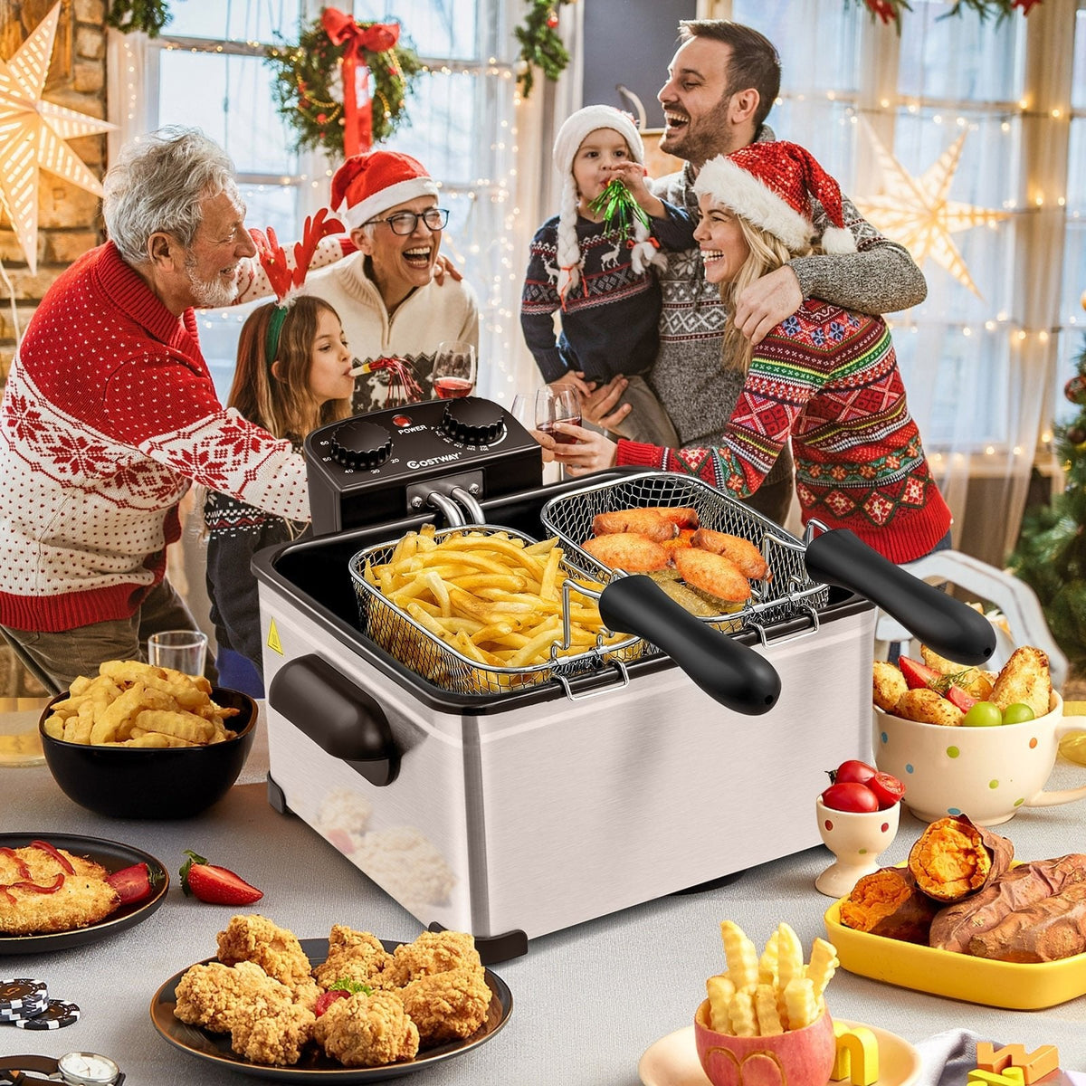 Electric Deep Fryer 5.3QT/21-Cup Stainless Steel 1700W with Triple Basket-Silver