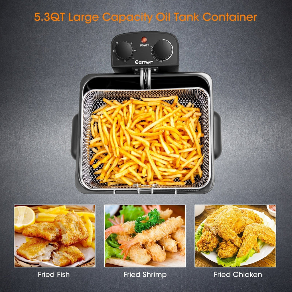 Electric Deep Fryer 5.3QT/21-Cup Stainless Steel 1700W with Triple Basket-Silver