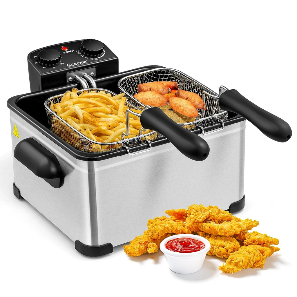Electric Deep Fryer 5.3QT/21-Cup Stainless Steel 1700W with Triple Basket-Silver