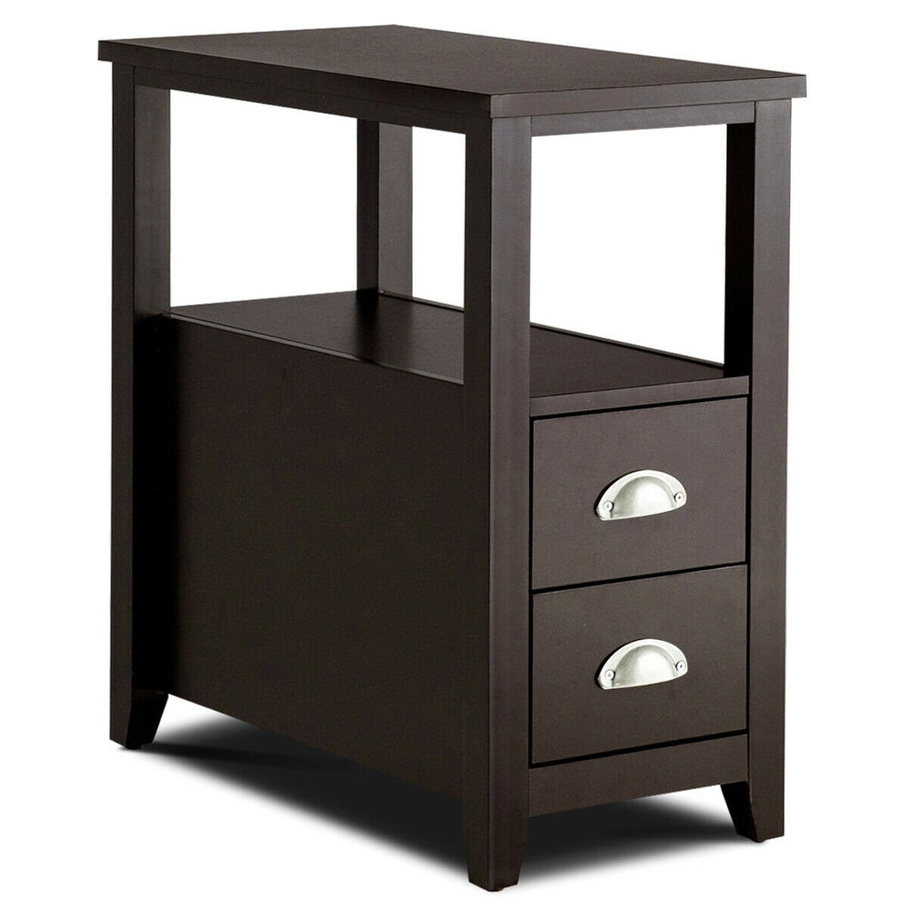 Narrow End Table and Bedside Table with 2 Drawers and Open Shelf, Espresso