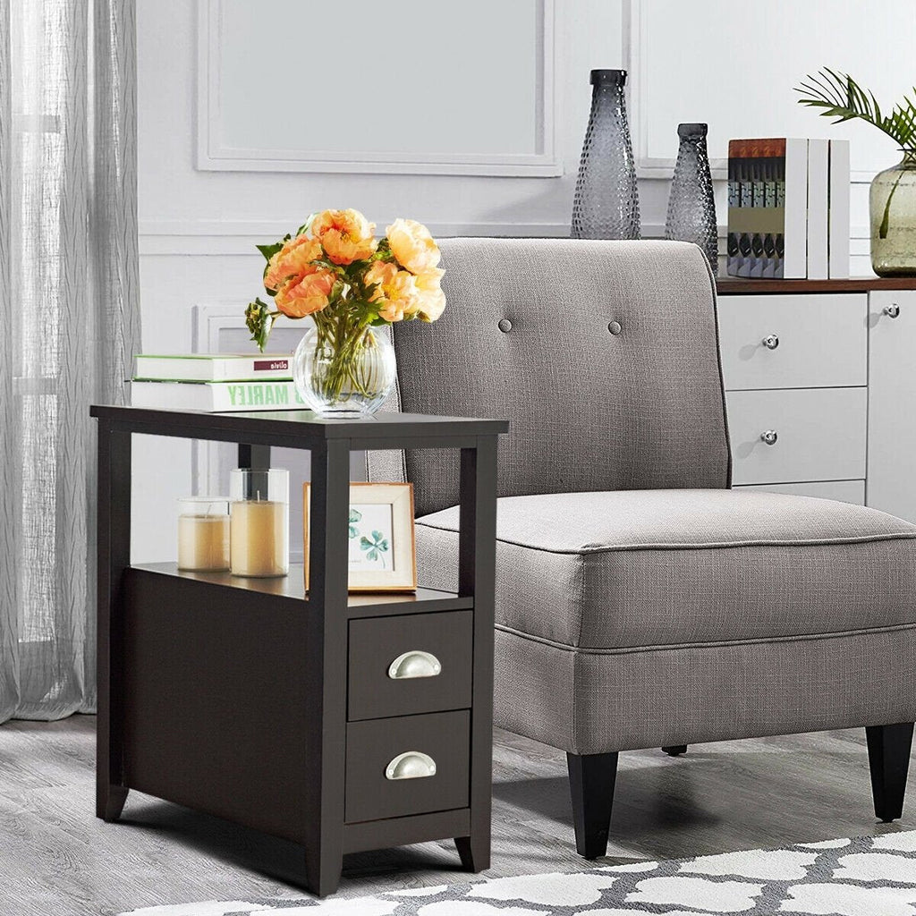 Narrow End Table and Bedside Table with 2 Drawers and Open Shelf, Espresso
