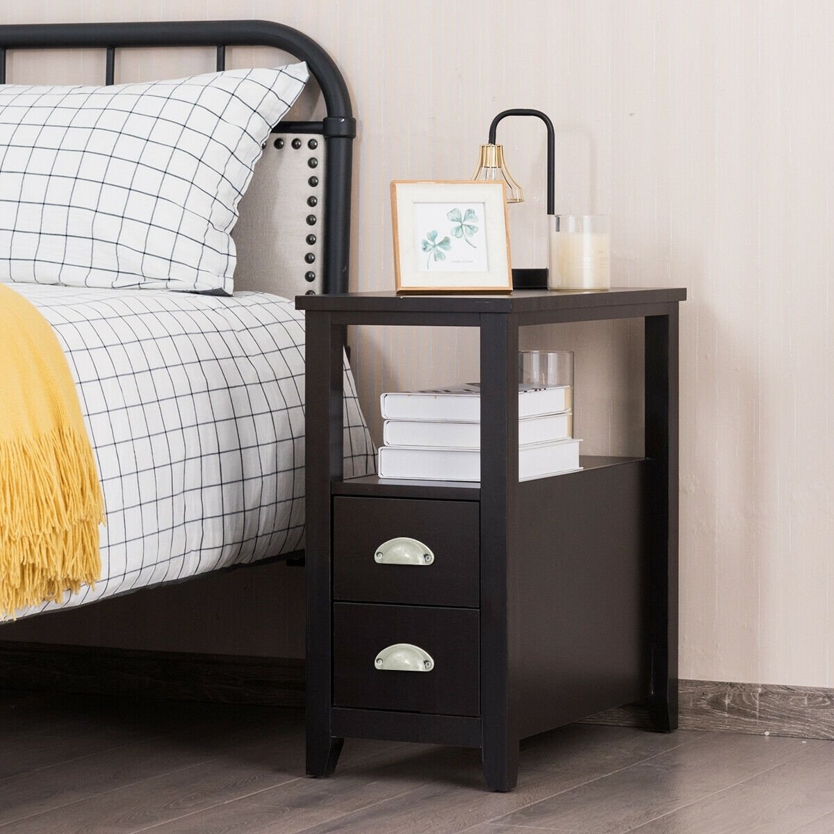 Narrow End Table and Bedside Table with 2 Drawers and Open Shelf, Espresso