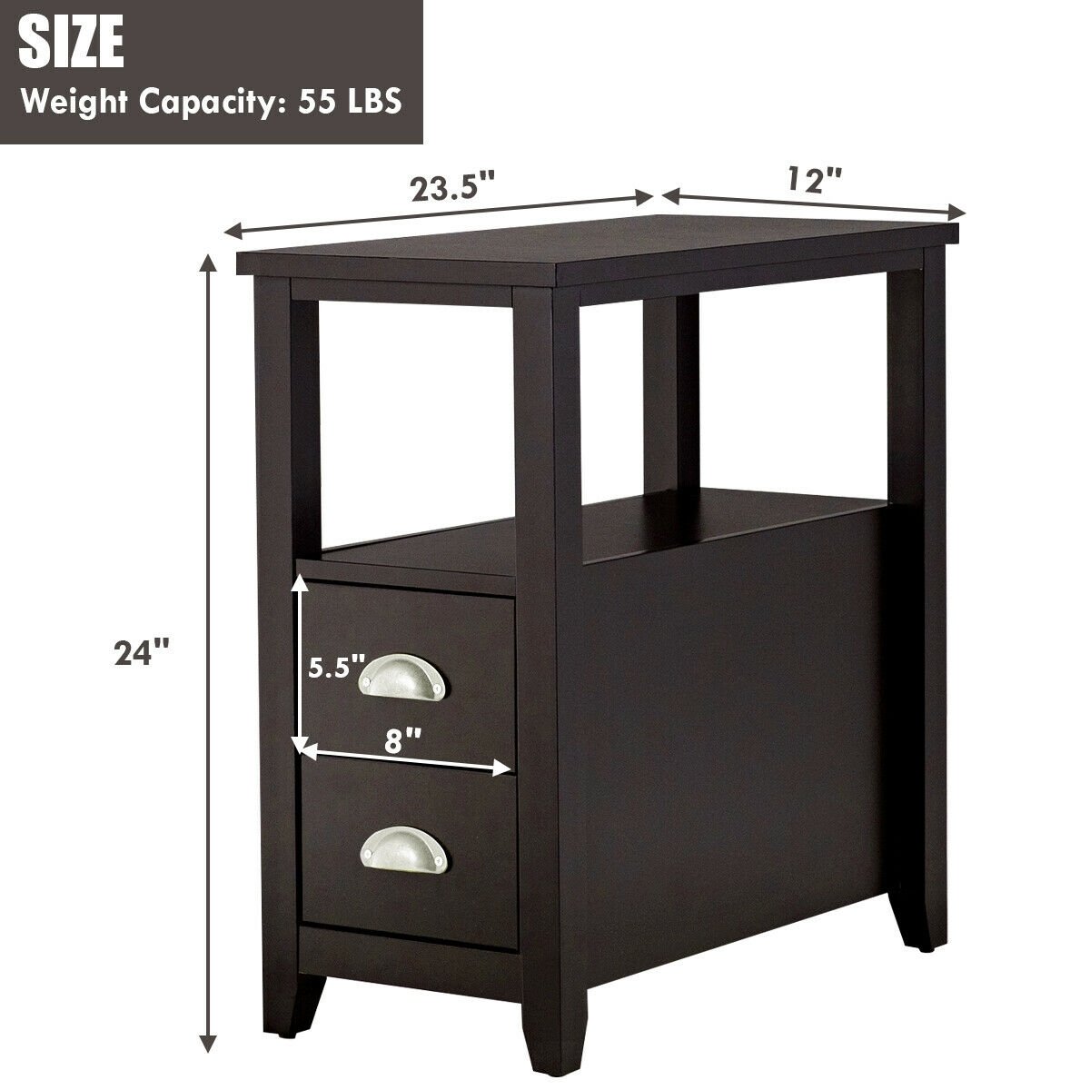Narrow End Table and Bedside Table with 2 Drawers and Open Shelf, Espresso