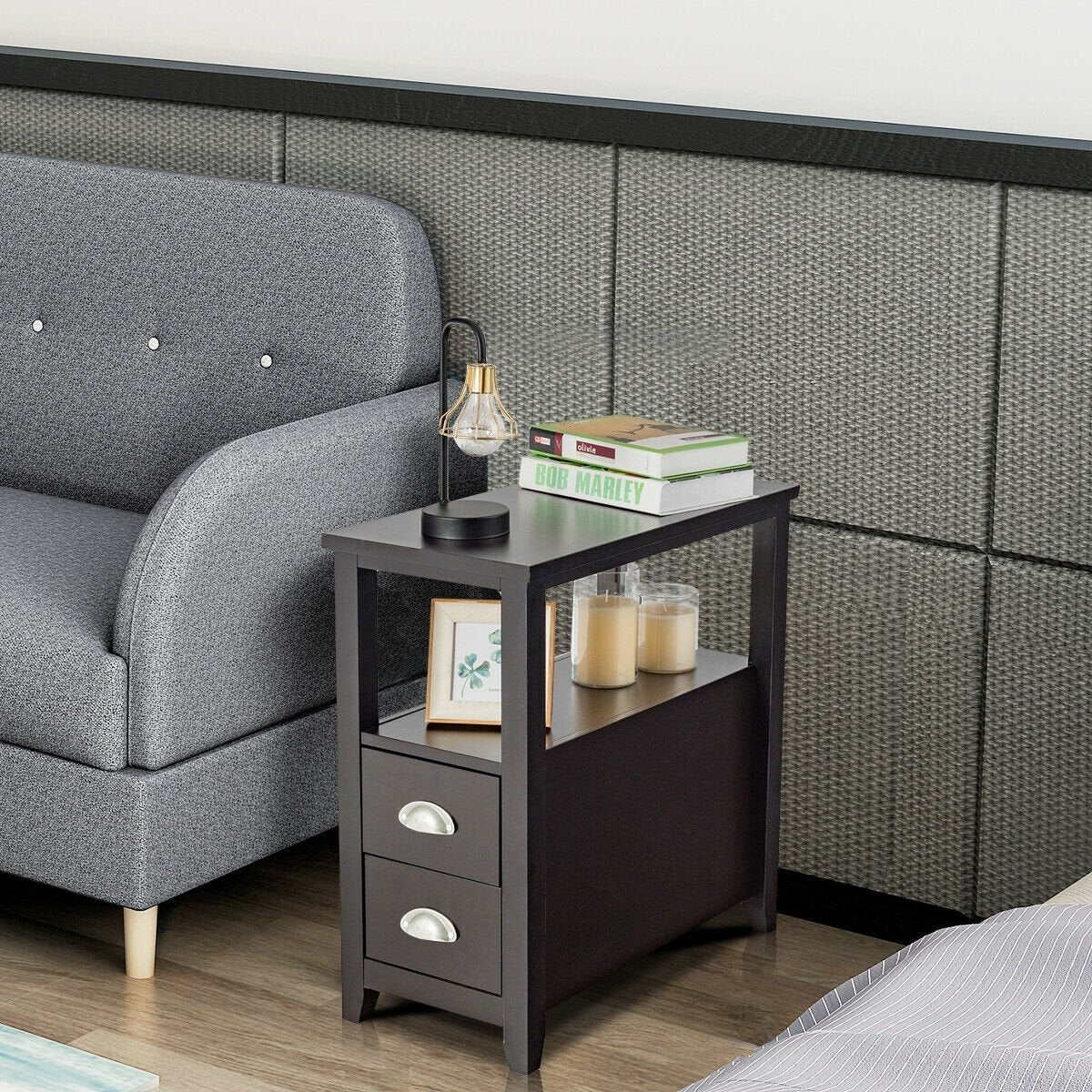 Narrow End Table and Bedside Table with 2 Drawers and Open Shelf, Espresso