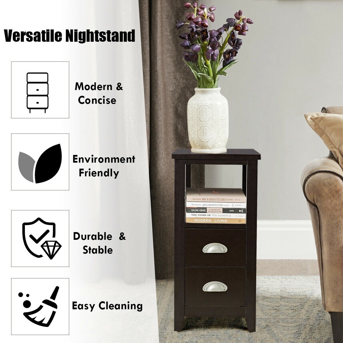Narrow End Table and Bedside Table with 2 Drawers and Open Shelf, Espresso