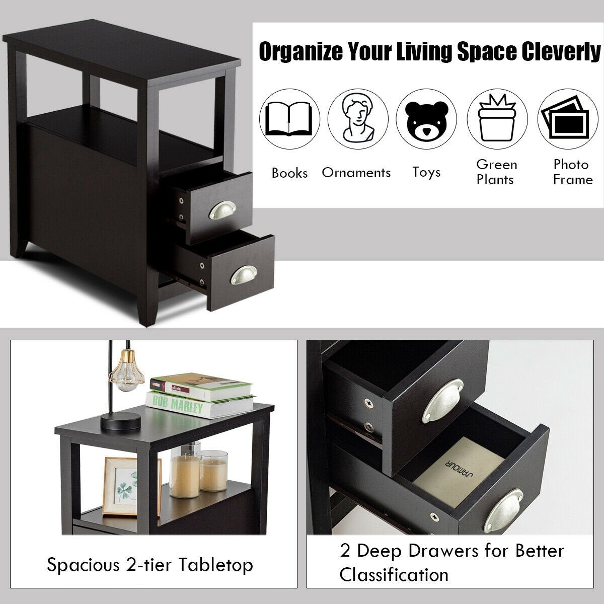 Narrow End Table and Bedside Table with 2 Drawers and Open Shelf, Espresso