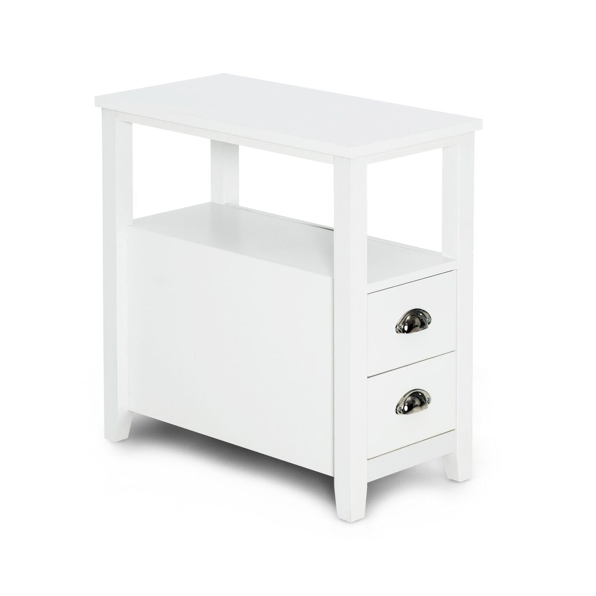 Narrow End Table and Bedside Table with 2 Drawers and Open Shelf, White