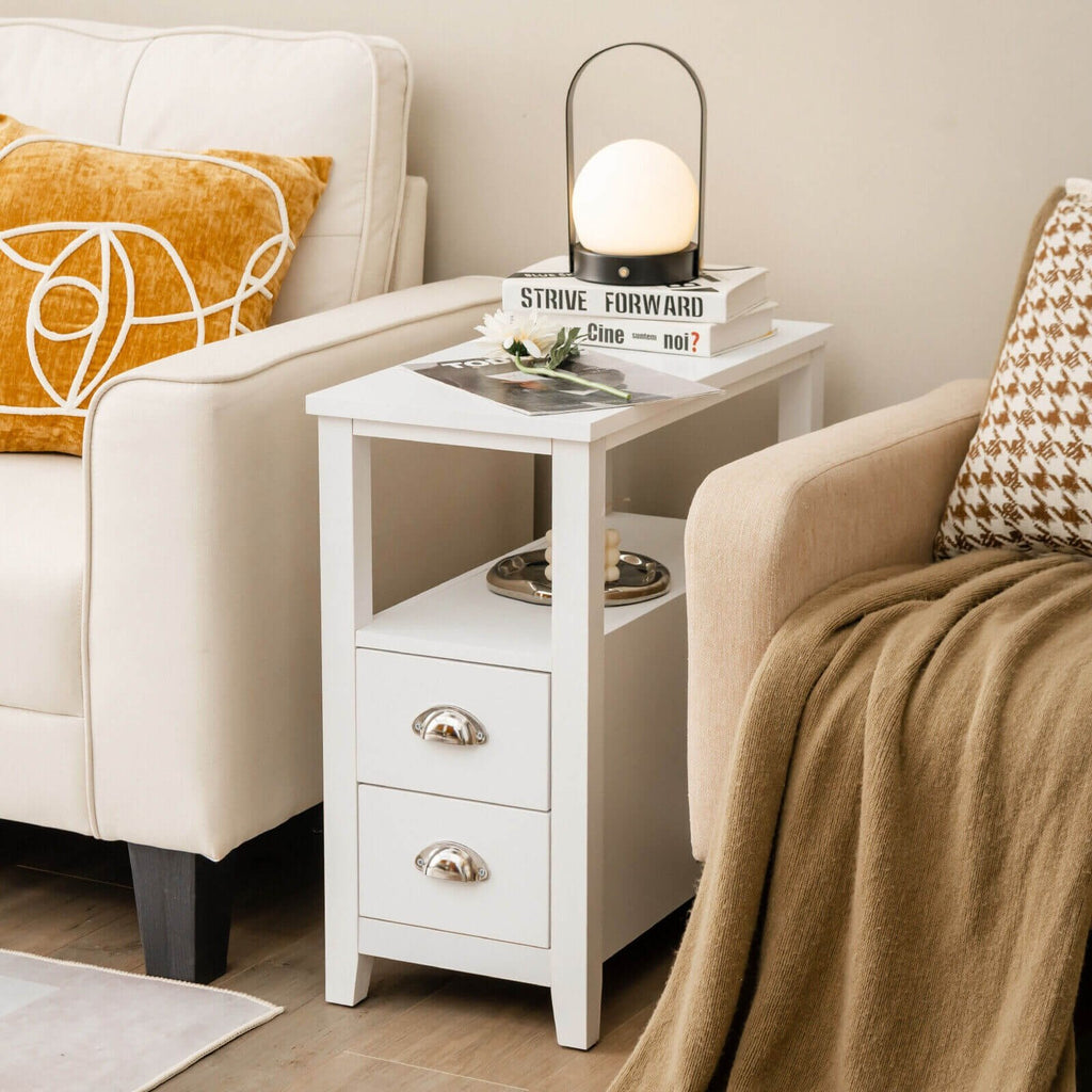 Narrow End Table and Bedside Table with 2 Drawers and Open Shelf, White