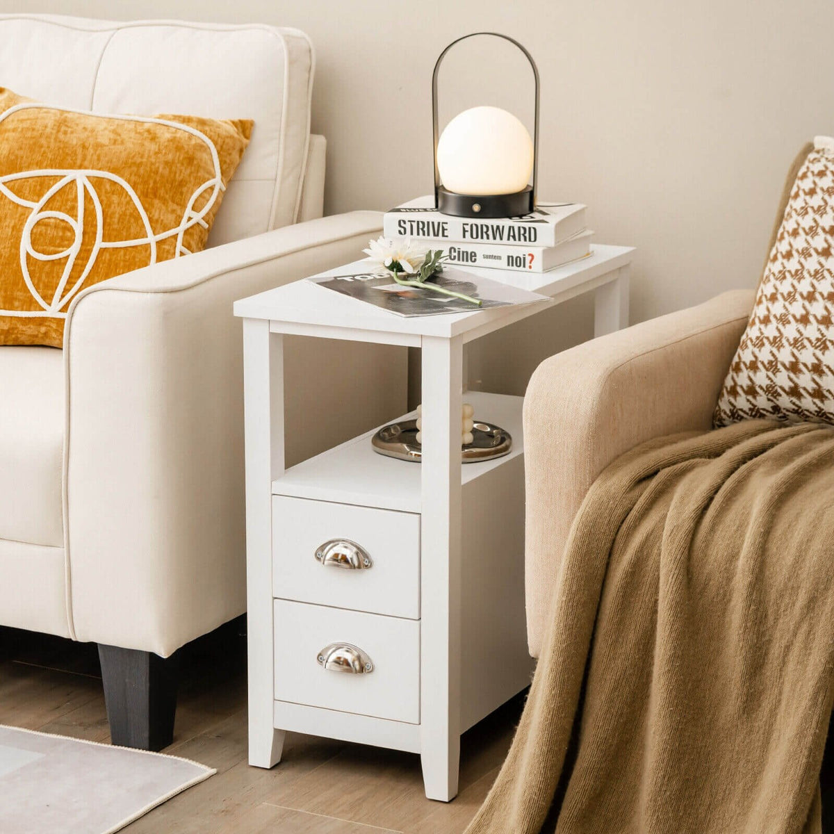 Narrow End Table and Bedside Table with 2 Drawers and Open Shelf, White