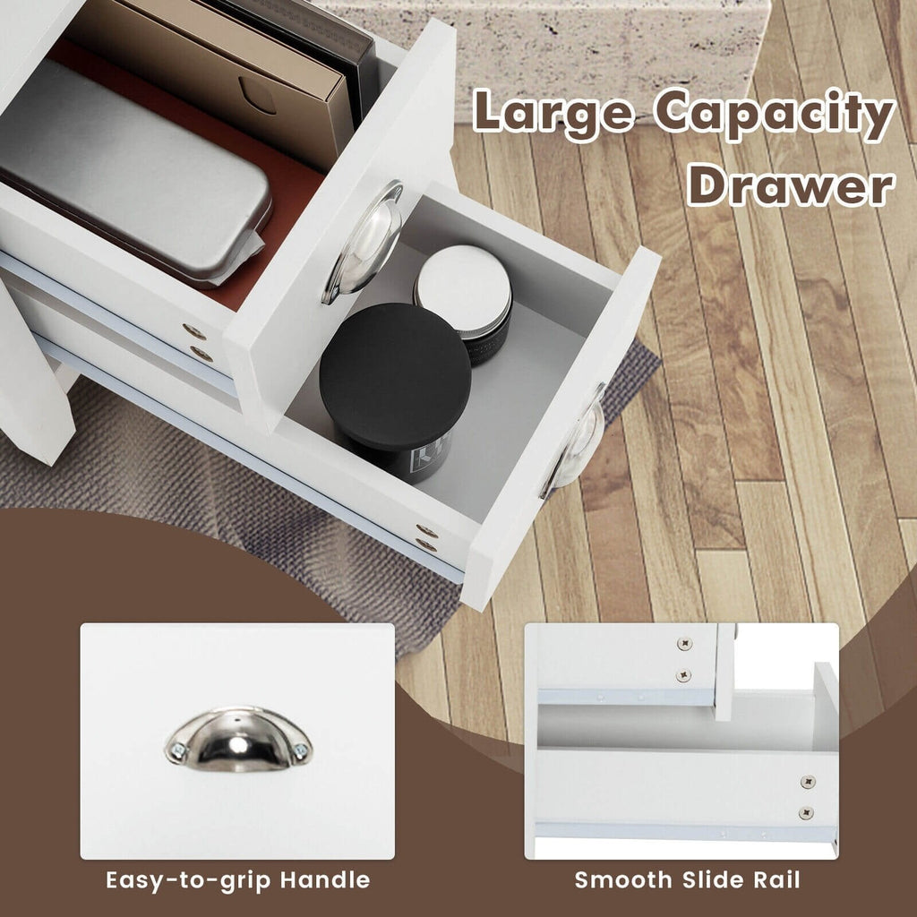 Narrow End Table and Bedside Table with 2 Drawers and Open Shelf, White