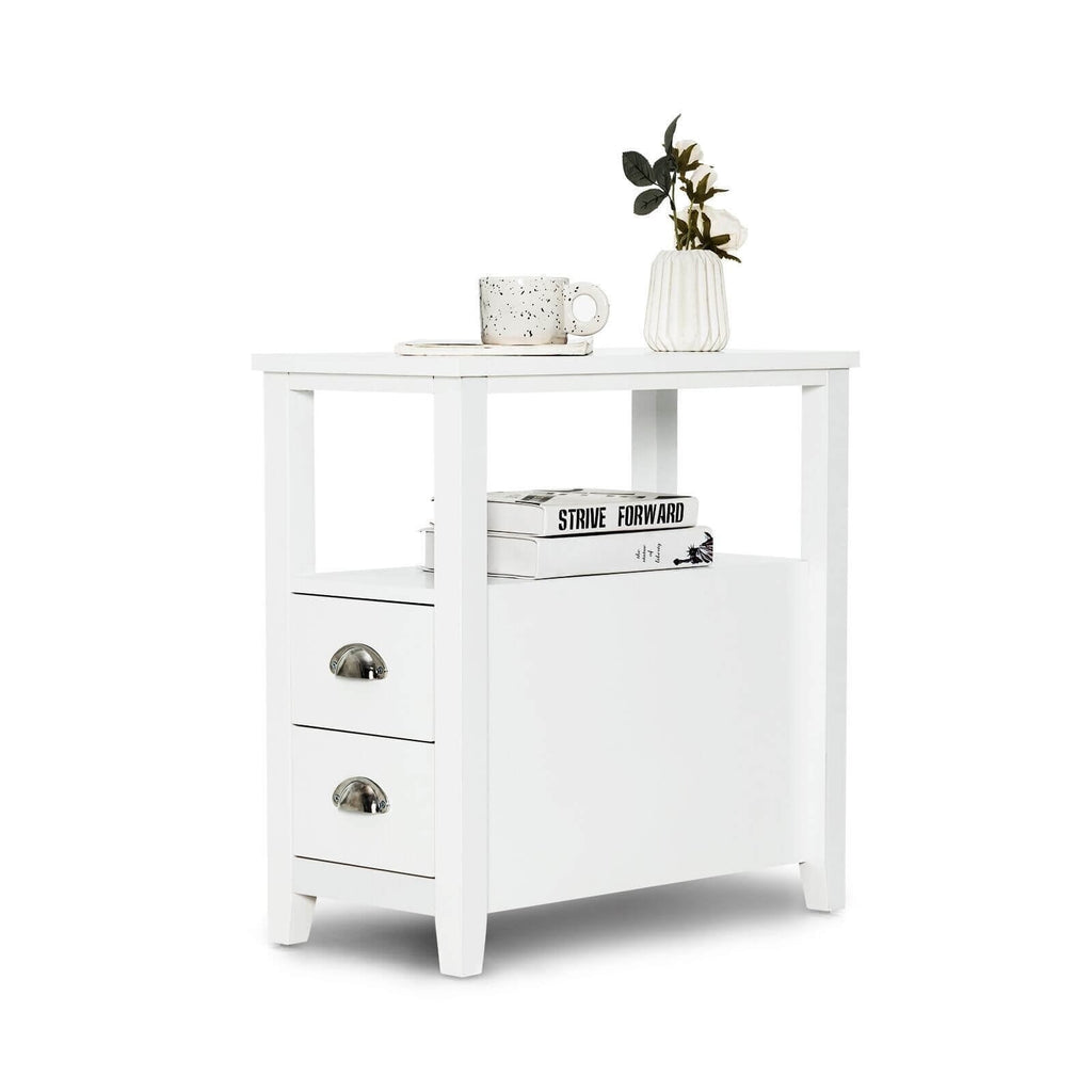 Narrow End Table and Bedside Table with 2 Drawers and Open Shelf, White