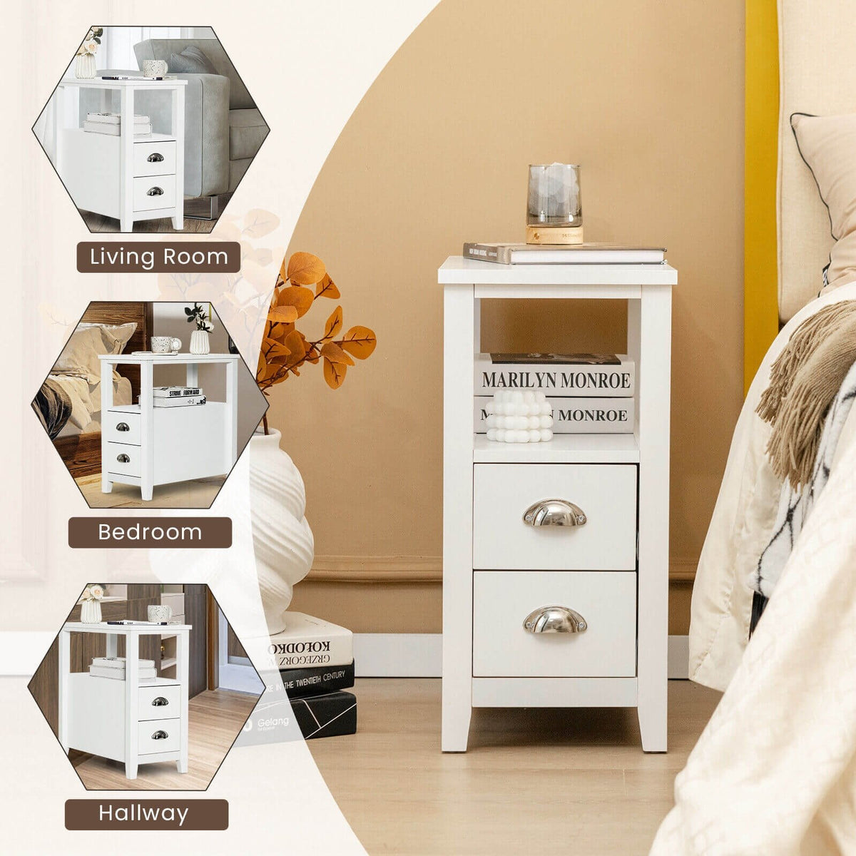Narrow End Table and Bedside Table with 2 Drawers and Open Shelf, White