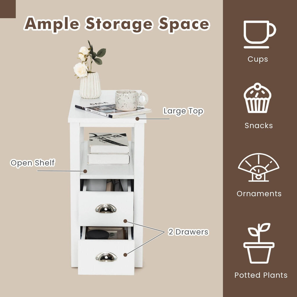 Narrow End Table and Bedside Table with 2 Drawers and Open Shelf, White