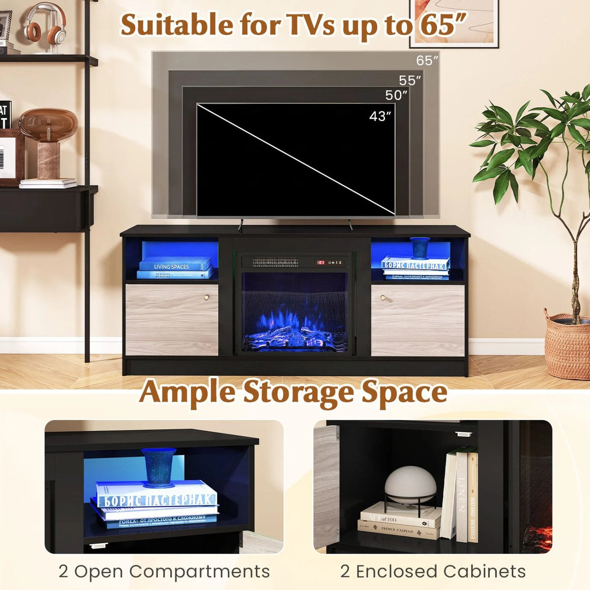 Entertainment Center with Adjustable Shelf & Open Compartment for 65” TVs-Style 1