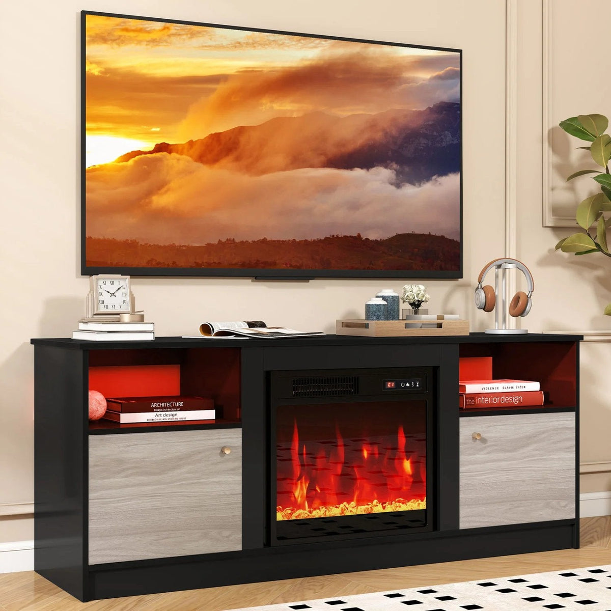 Entertainment Center with Adjustable Shelf & Open Compartment for 65” TVs-Style 2