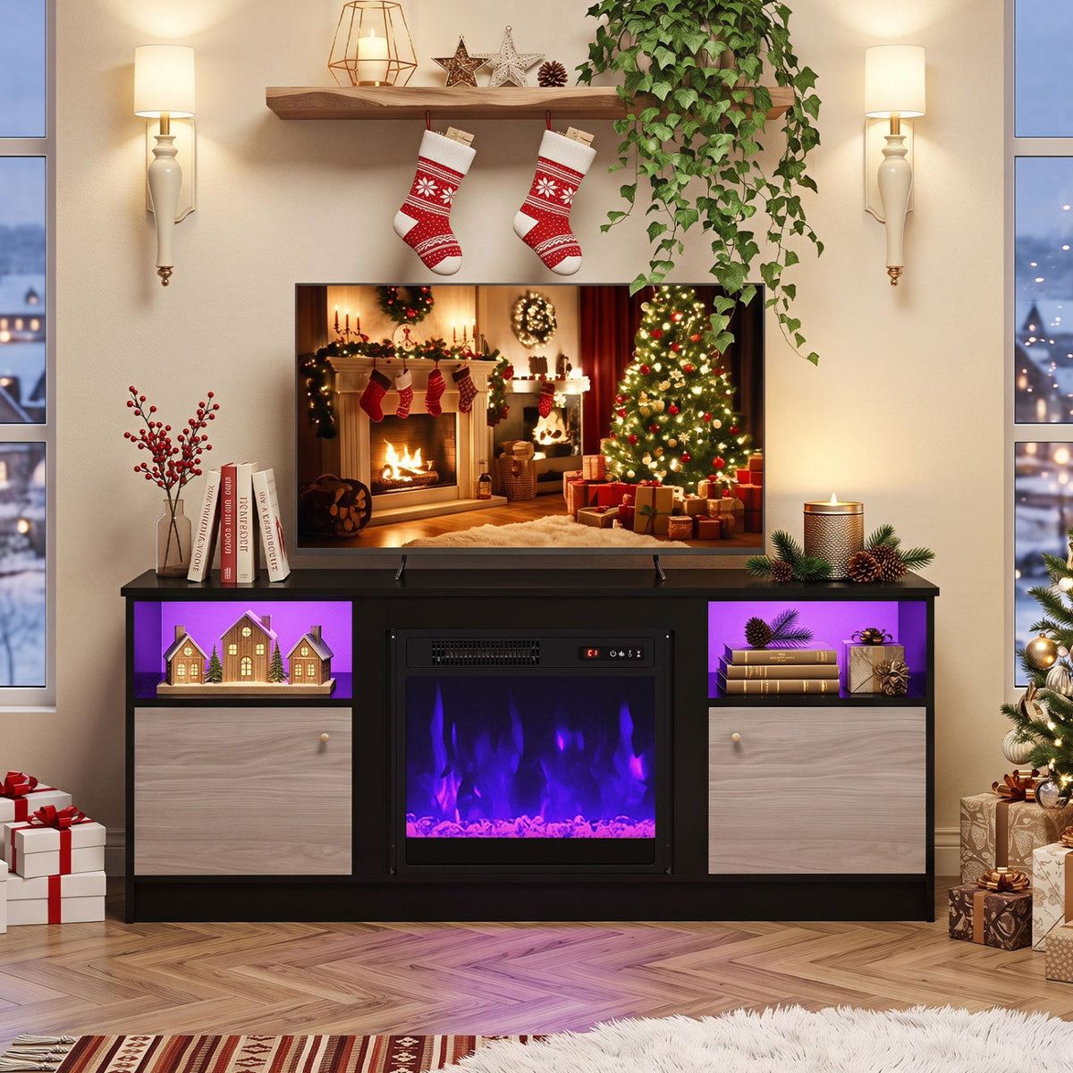 Entertainment Center with Adjustable Shelf & Open Compartment for 65” TVs-Style 2